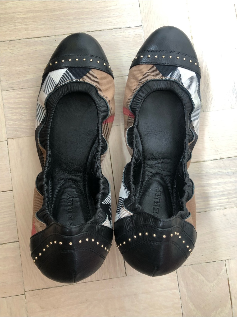 Burberry Black & Tan Check Leather Cap-Toe Ballet Flats with Stud Accents